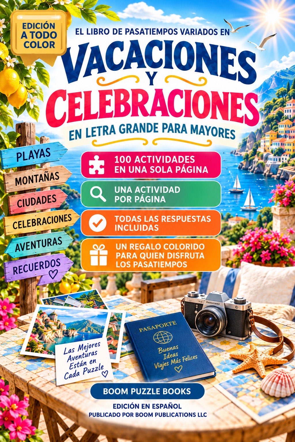 Portada de El libro de pasatiempos variados en vacaciones y celebraciones en letra grande para mayores, edición en español.