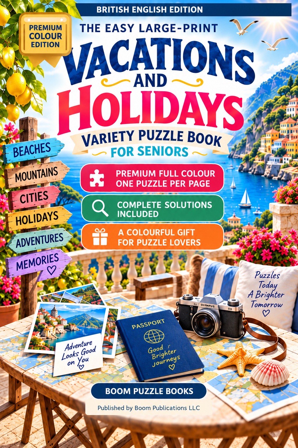 Cover of The Easy Large-Print Vacations and Holidays Variety Puzzle Book for Seniors, British English Edition.