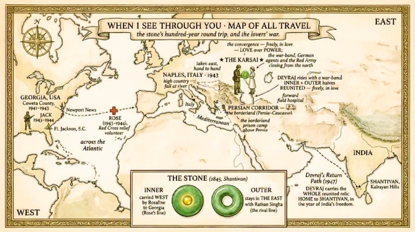 Journey map illustrating the century-long travels of the Stone across Georgia, Italy, Persia, and India.