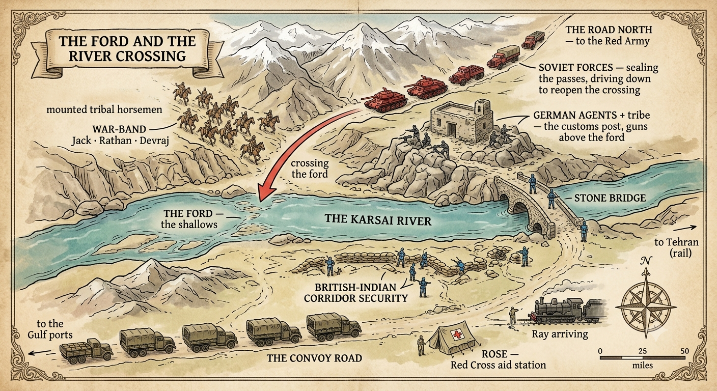 Illustrated battlefield map showing the Ford and River Crossing at the Karsai River during the struggle for the Stone.
